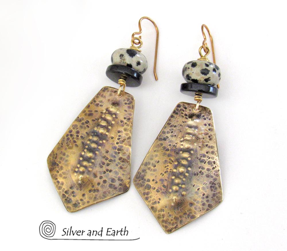 Hammered Gold Brass Tribal Earrings with Dalmatian Jasper & Black Onyx Stones