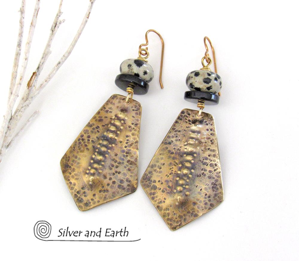 Hammered Gold Brass Tribal Earrings with Dalmatian Jasper & Black Onyx Stones