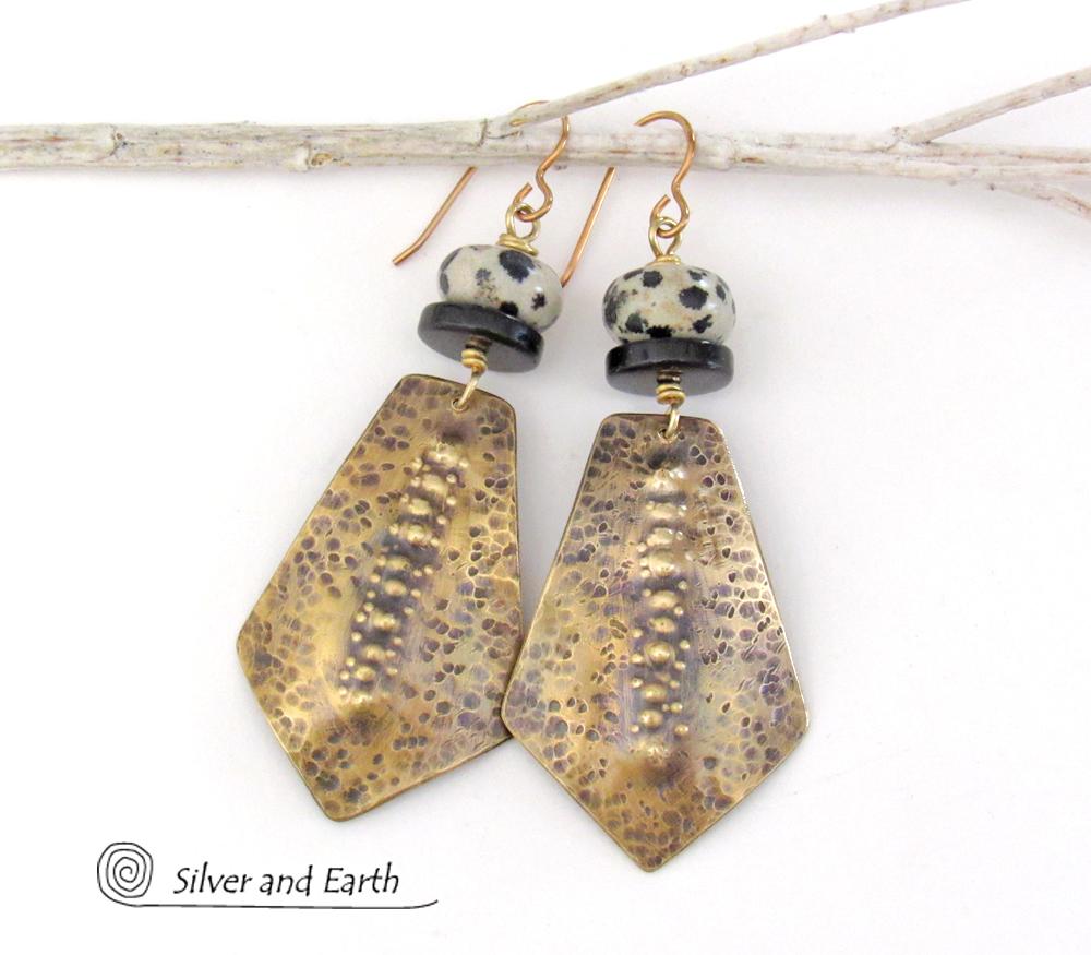 Hammered Gold Brass Tribal Earrings with Dalmatian Jasper & Black Onyx Stones