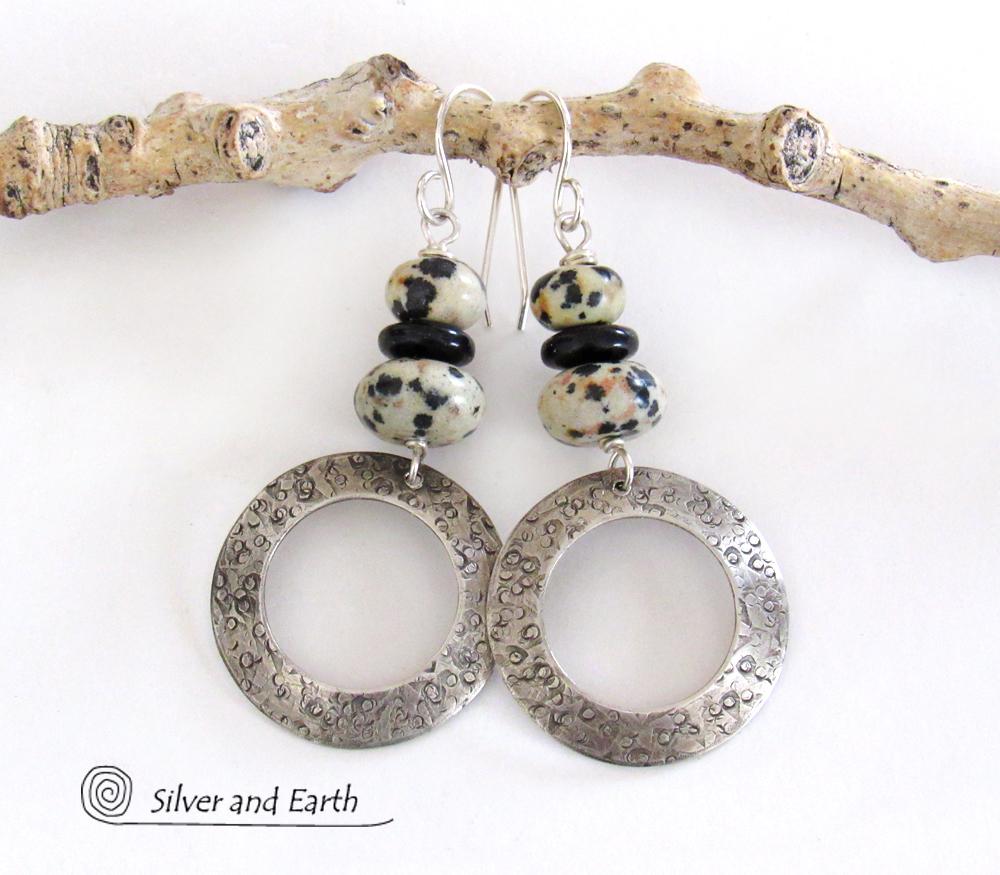 Sterling Silver Hoop Earrings with Dalmatian Jasper Stones