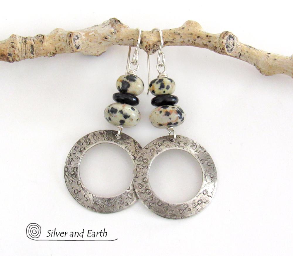 Sterling Silver Hoop Earrings with Dalmatian Jasper Stones