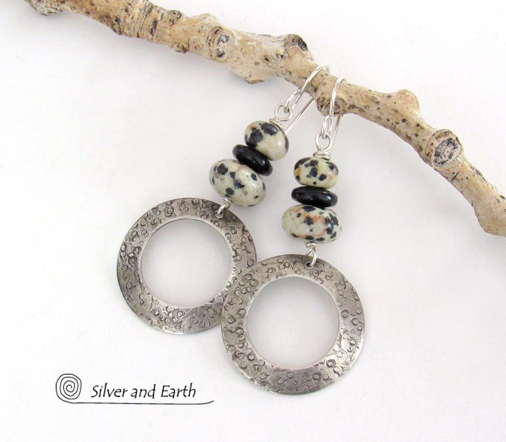 Sterling Silver Hoop Earrings with Dalmatian Jasper Stones