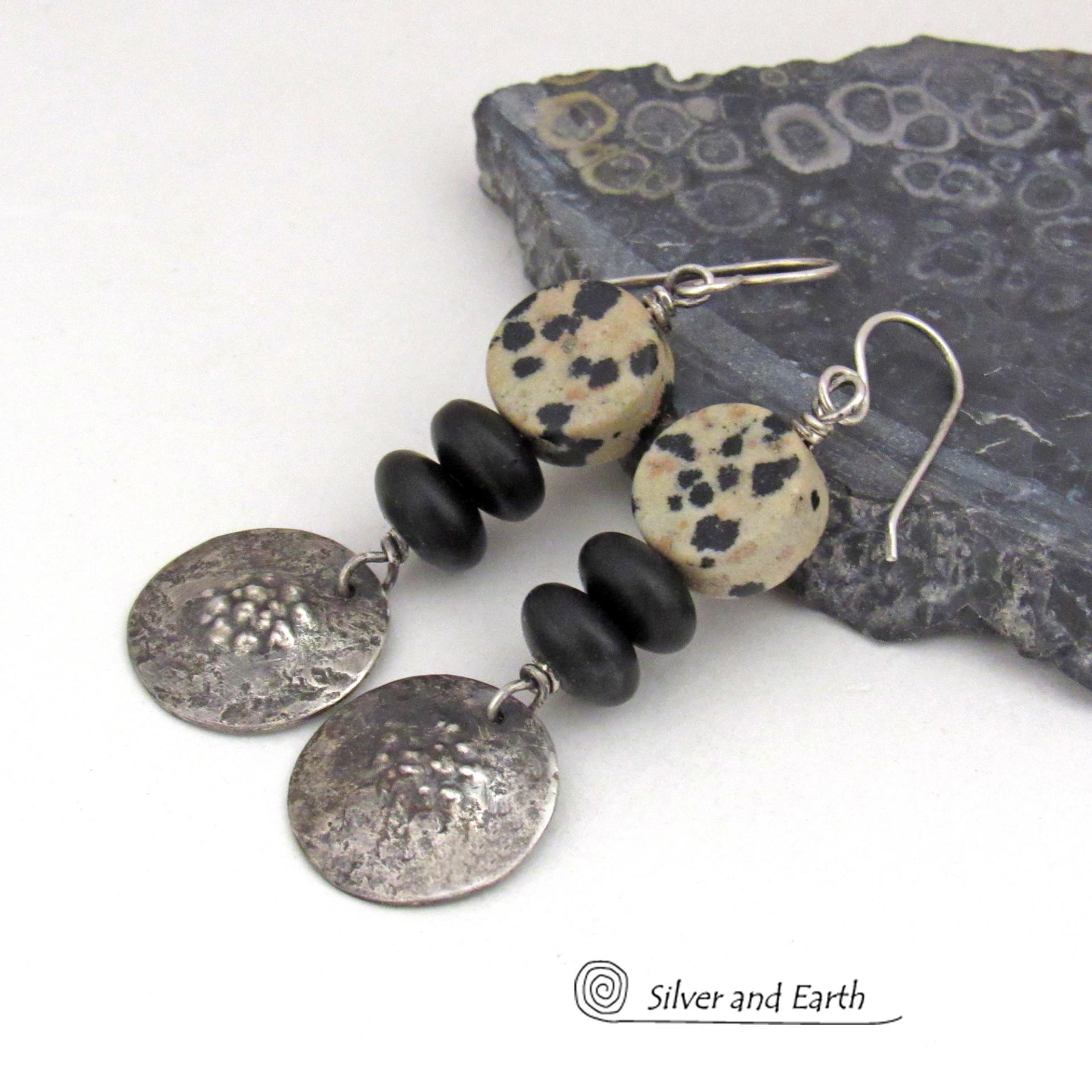 Sterling Silver Earrings with Dalmatian Jasper Stones & Black Glass Beads - Rustic Earthy Modern Artisan Handcrafted Jewelry