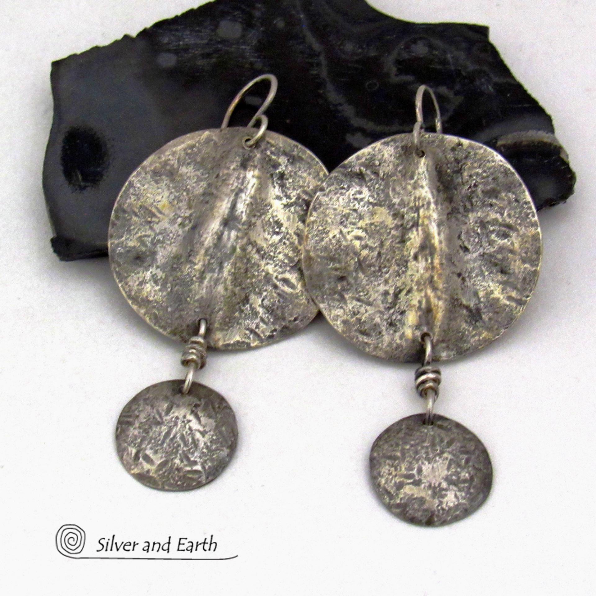 Rustic Hammered Oxidized Solid Sterling Silver Dangle Earrings - Edgy Modern Organic Silver Jewelry