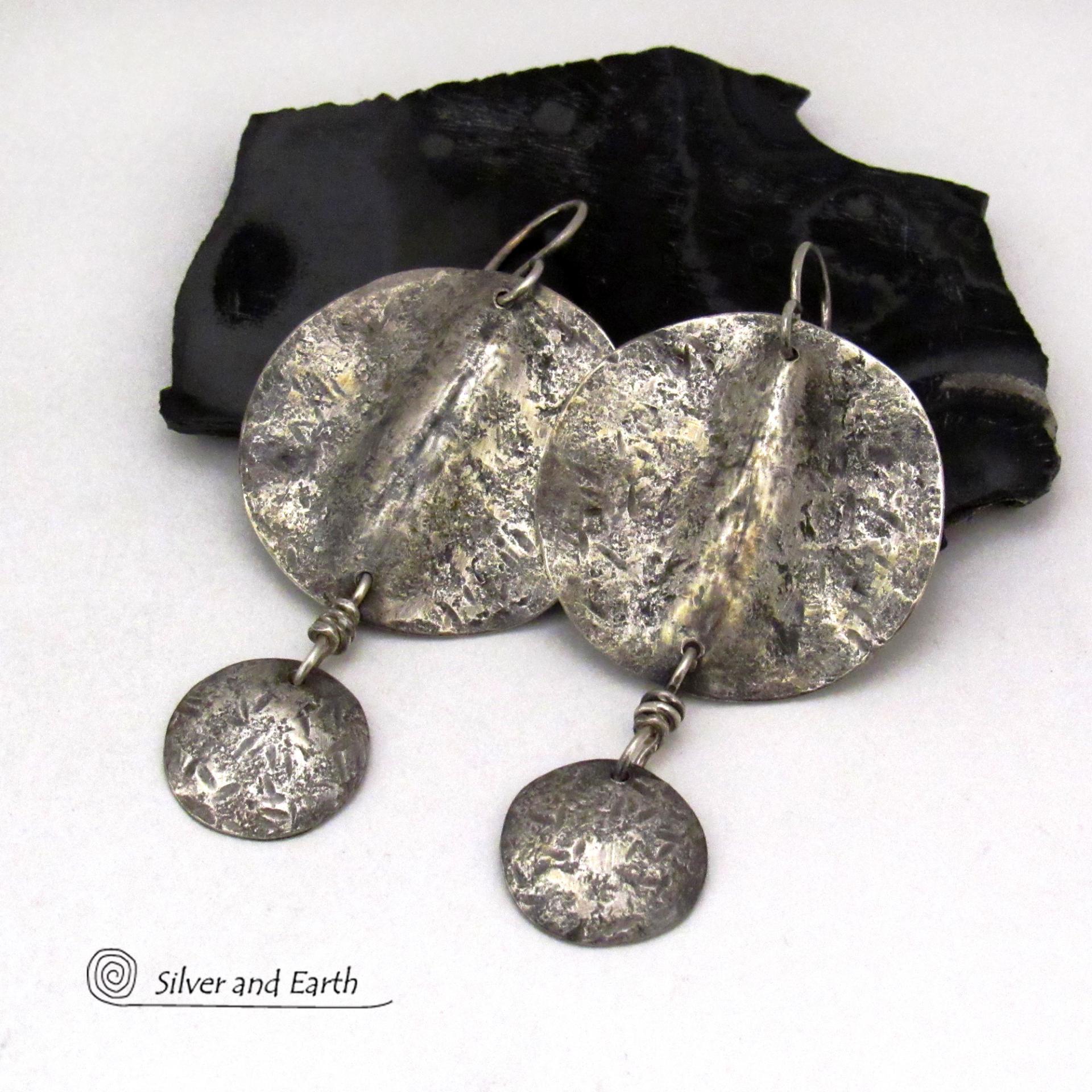 Rustic Hammered Oxidized Solid Sterling Silver Dangle Earrings - Edgy Modern Organic Silver Jewelry