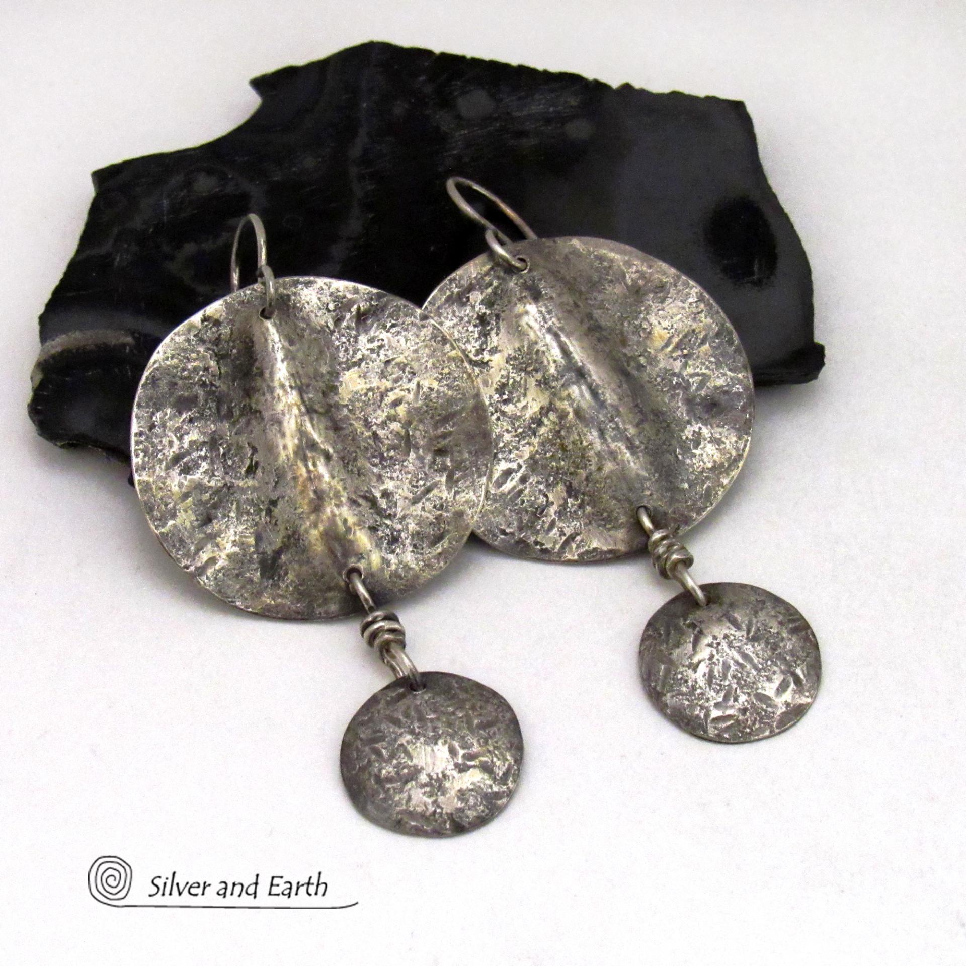 Rustic Hammered Oxidized Solid Sterling Silver Dangle Earrings - Edgy Modern Organic Silver Jewelry