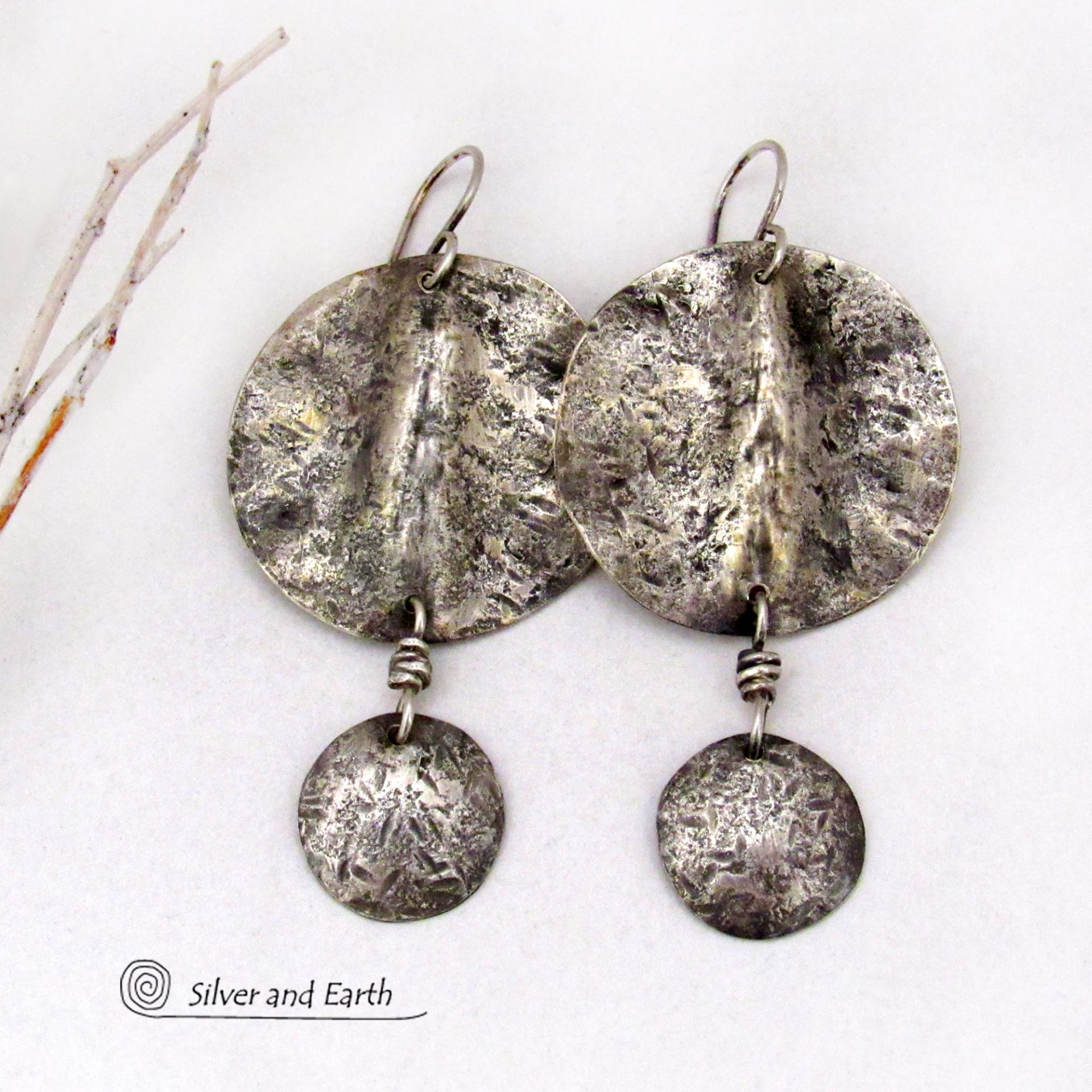 Rustic Hammered Oxidized Solid Sterling Silver Dangle Earrings - Edgy Modern Organic Silver Jewelry