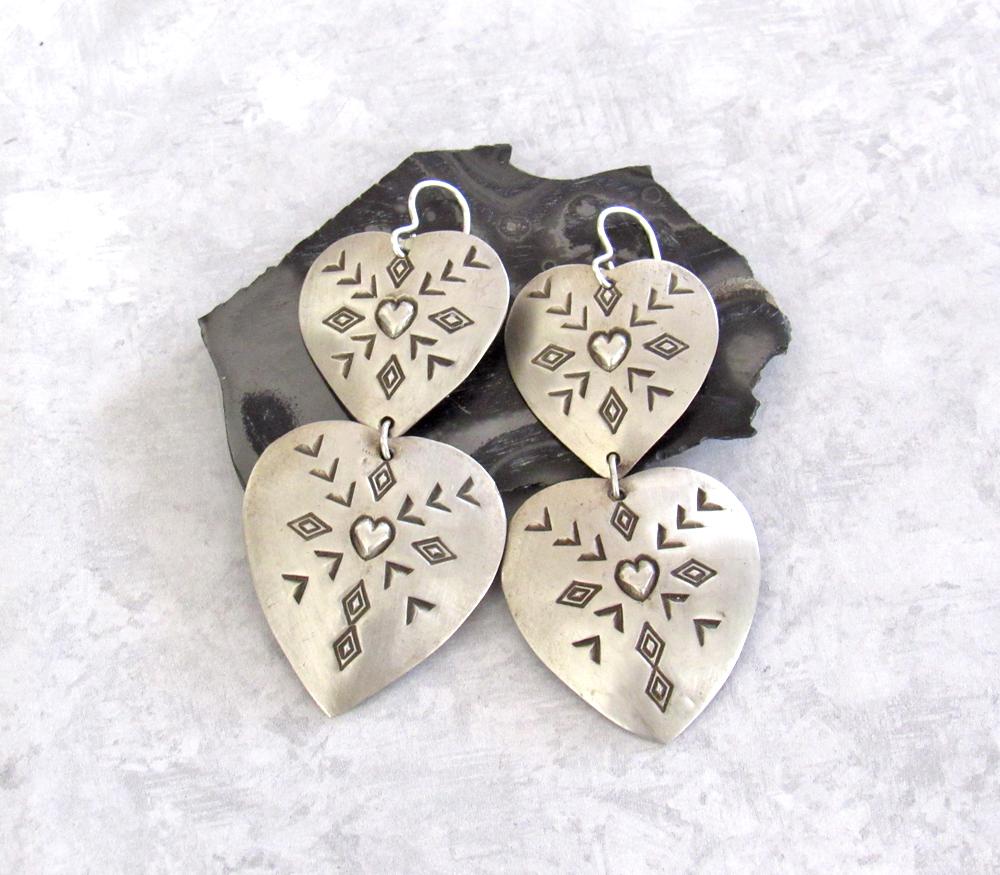 SALE: Large Sterling Silver Heart Concho Earrings - Vintage Southwestern Jewelry