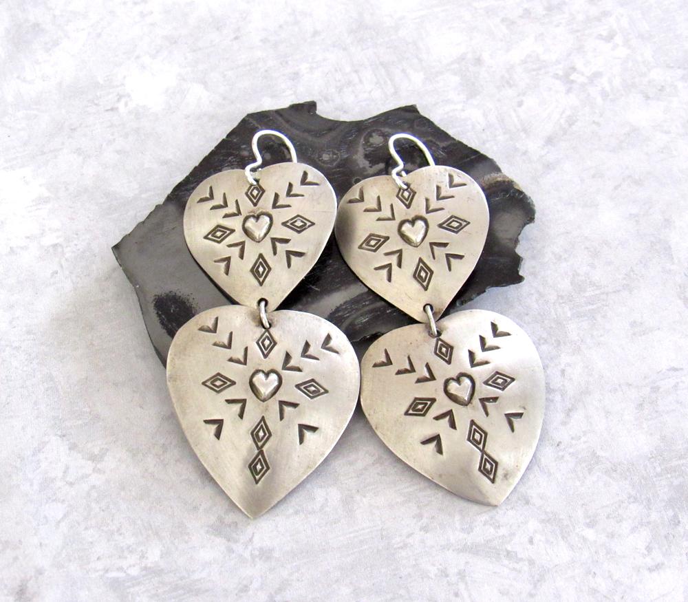 SALE: Large Sterling Silver Heart Concho Earrings - Vintage Southwestern Jewelry