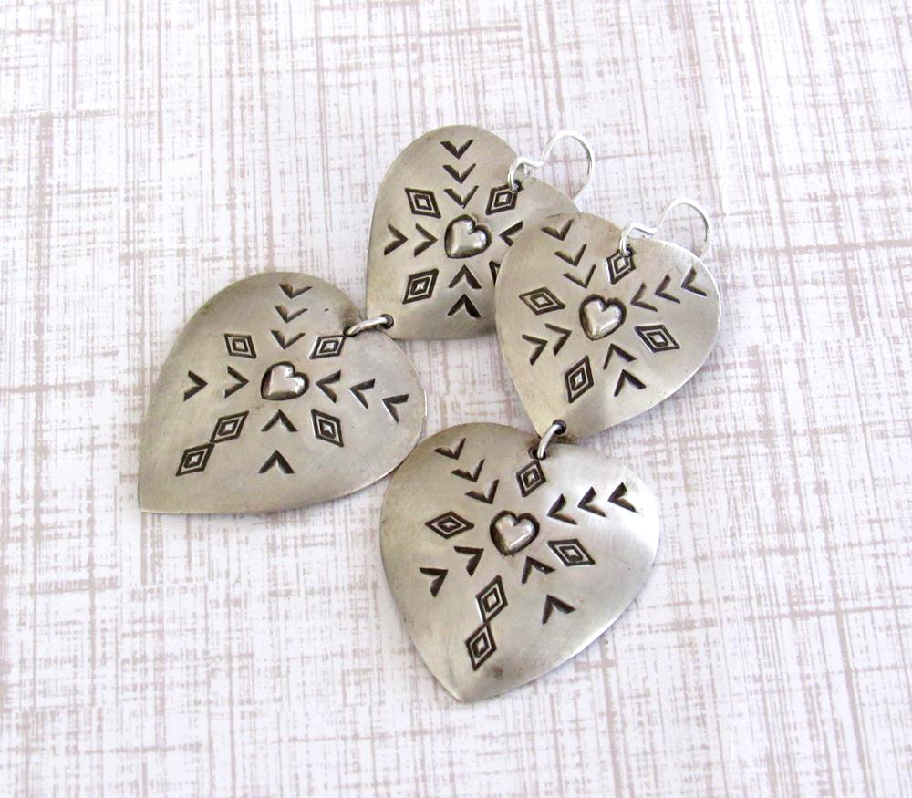 SALE: Large Sterling Silver Heart Concho Earrings - Vintage Southwestern Jewelry