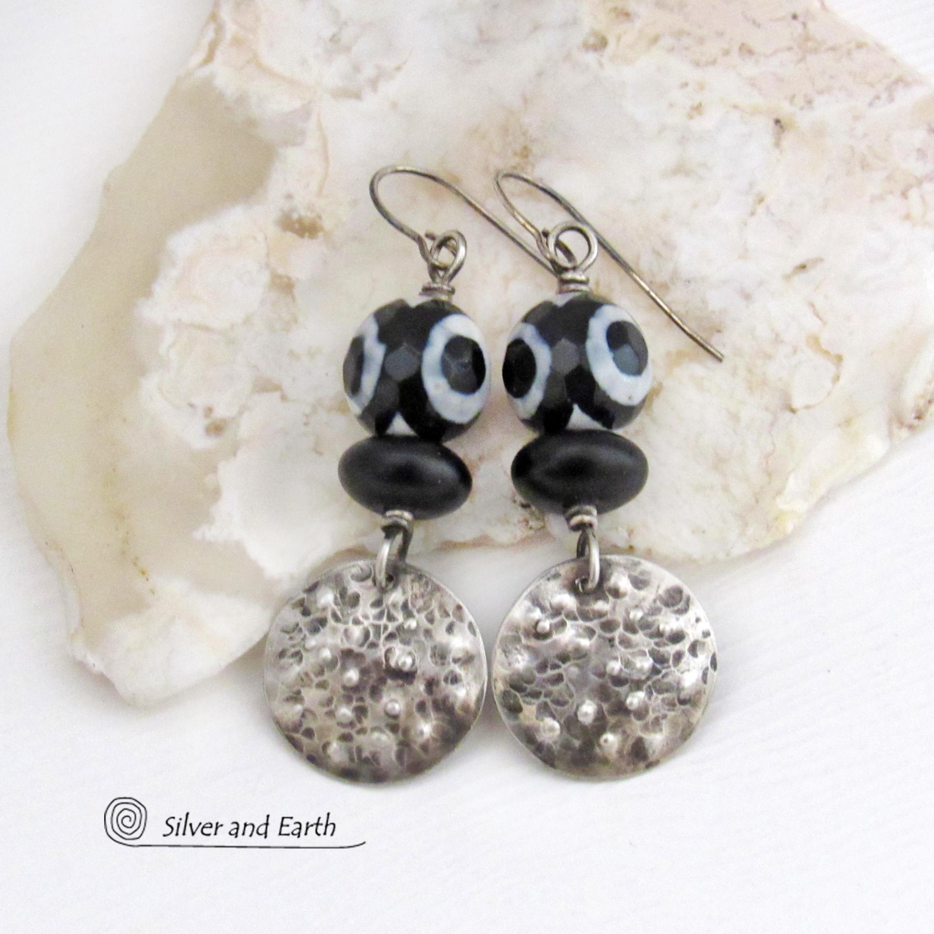 Small Sterling Silver Earrings with Black & White Faceted Tibetan Eye Agate Gemstones