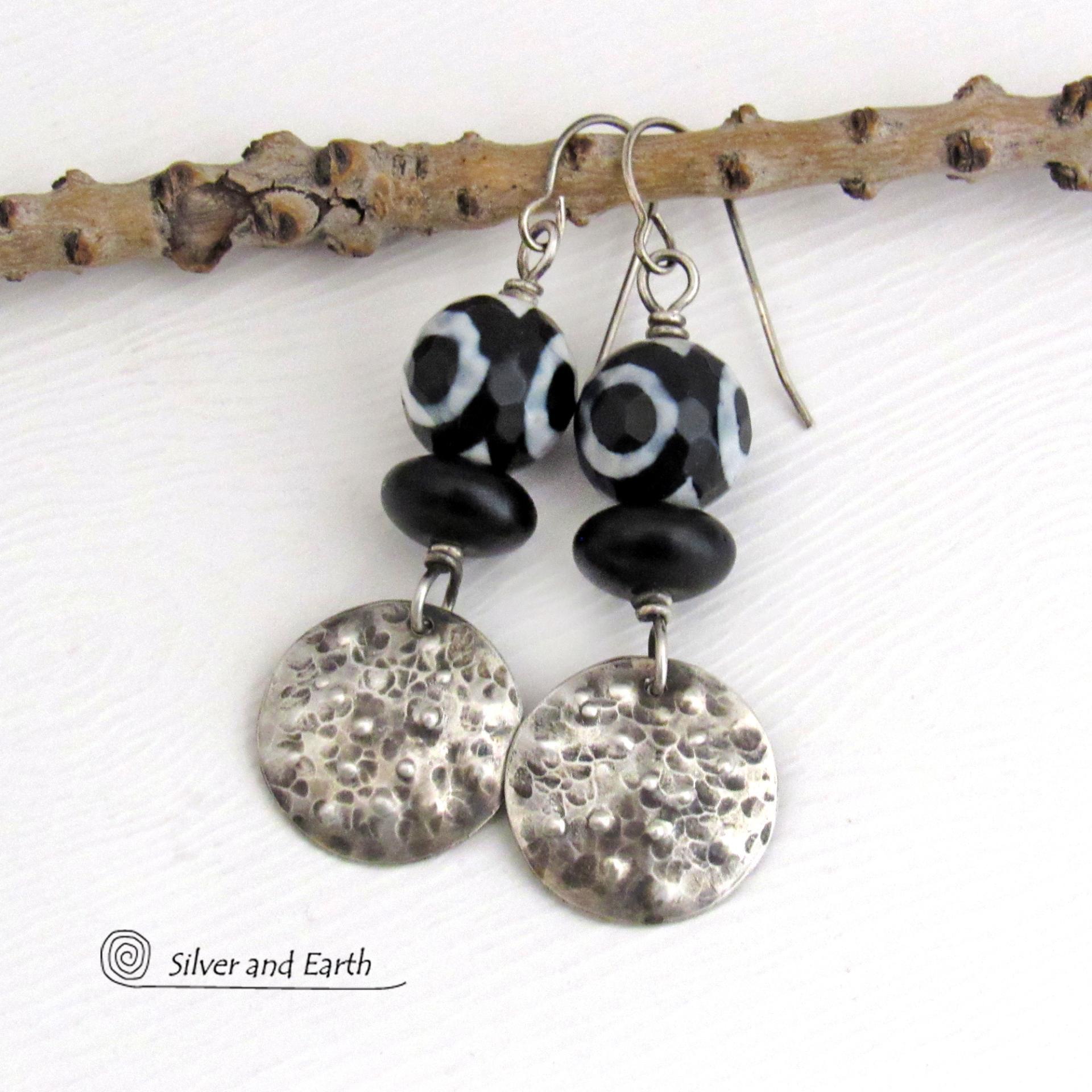 Small Sterling Silver Earrings with Black & White Faceted Tibetan Eye Agate Gemstones