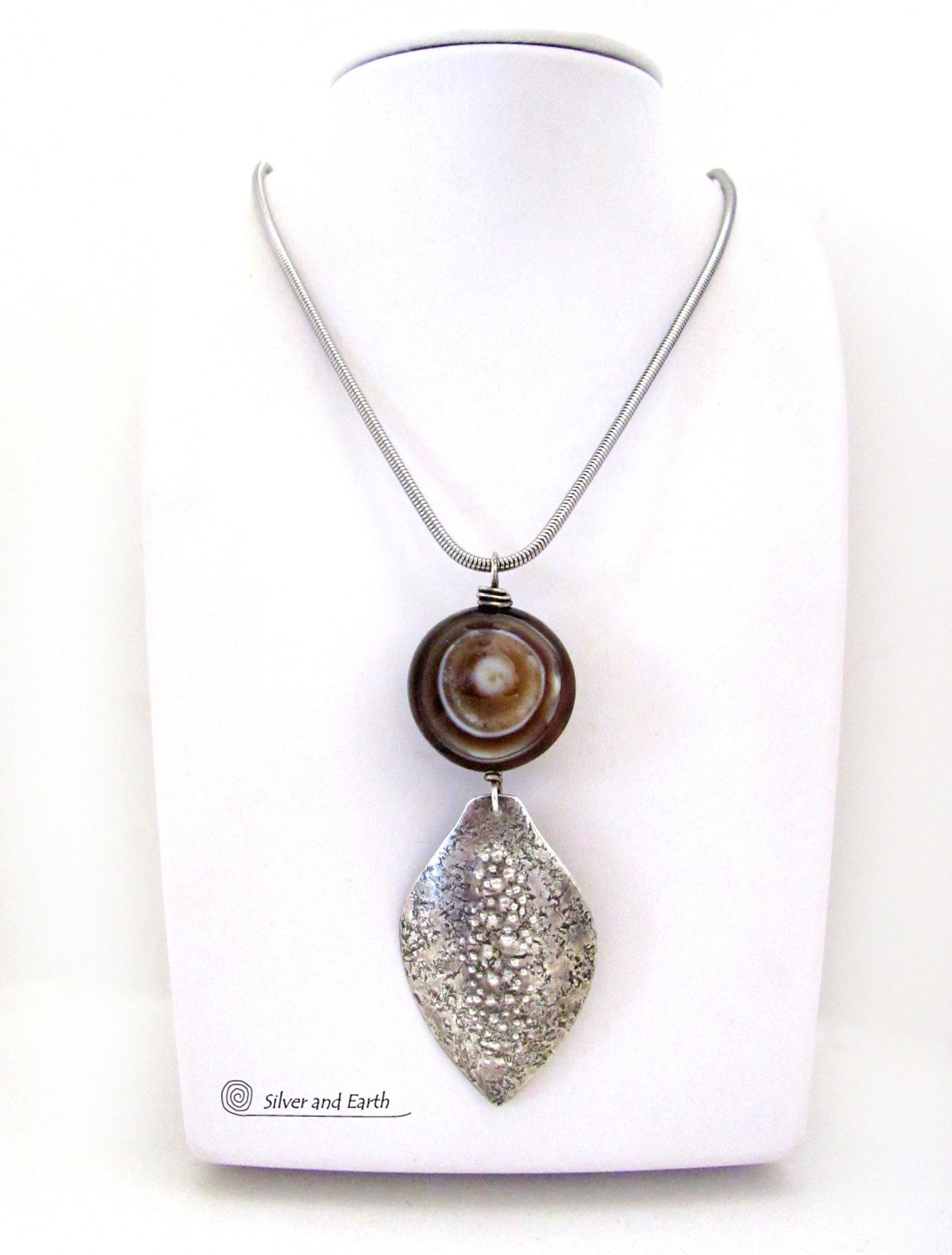 Sterling Silver Necklace with Black Banded Eye Agate Gemstone - Unique Earthy Natural Stone Jewelry