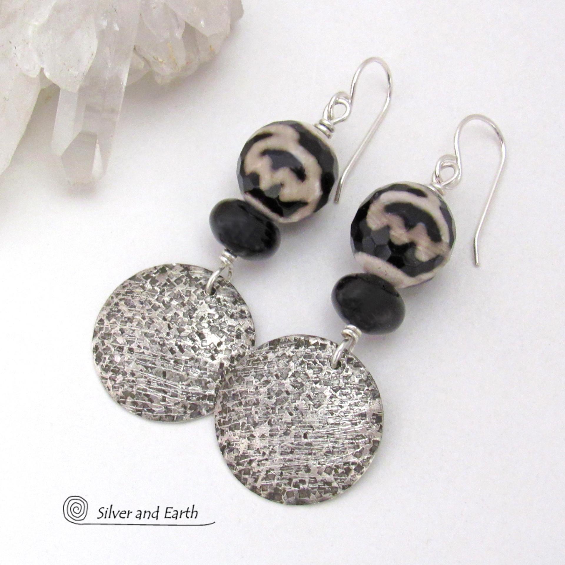 Sterling Silver Earrings with Black and White Tibetan Agate and Onyx Gemstones - Modern Boho Chic Jewelry