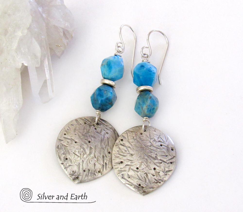 Sterling Silver Dangle Earrings with Blue Apatite Gemstones - Modern Silver Jewelry