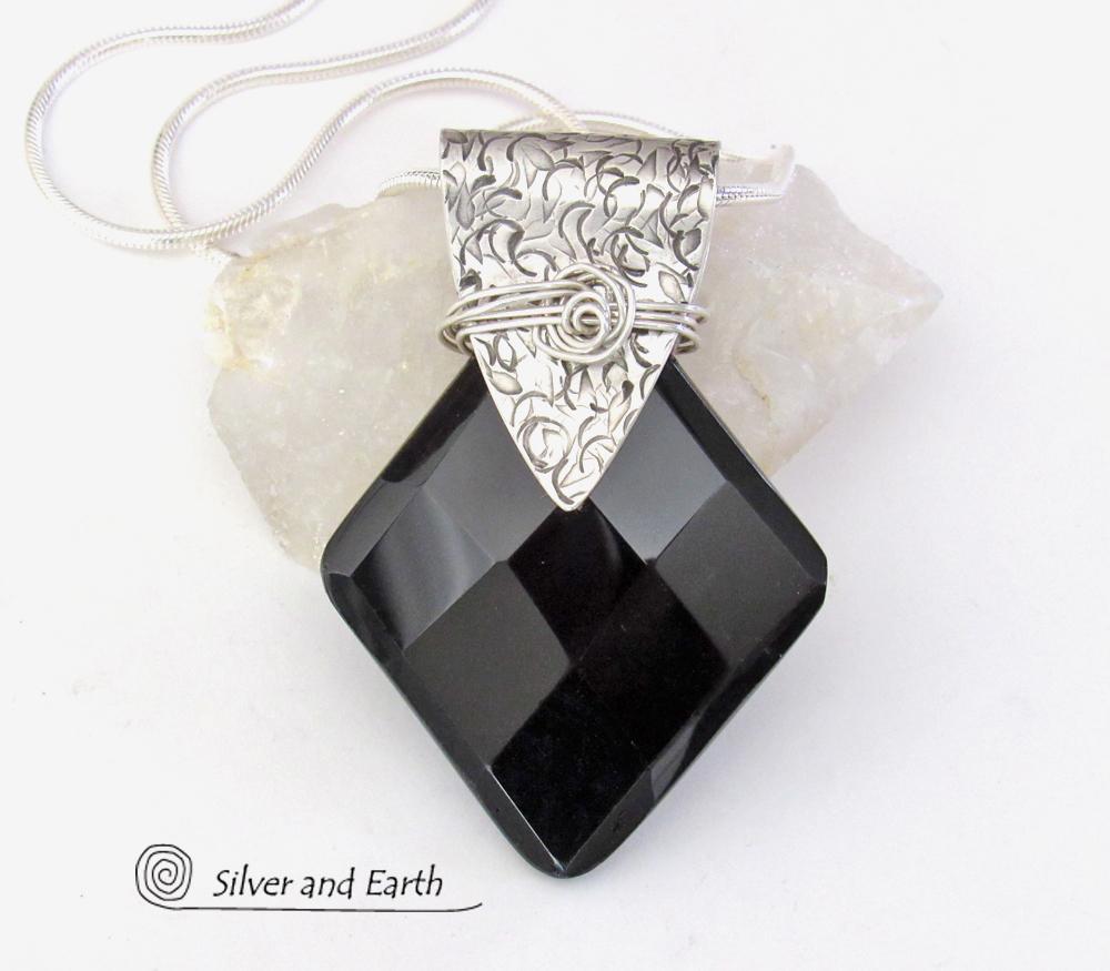 Sterling Silver Pendant Necklace with Faceted Black Onyx Gemstone