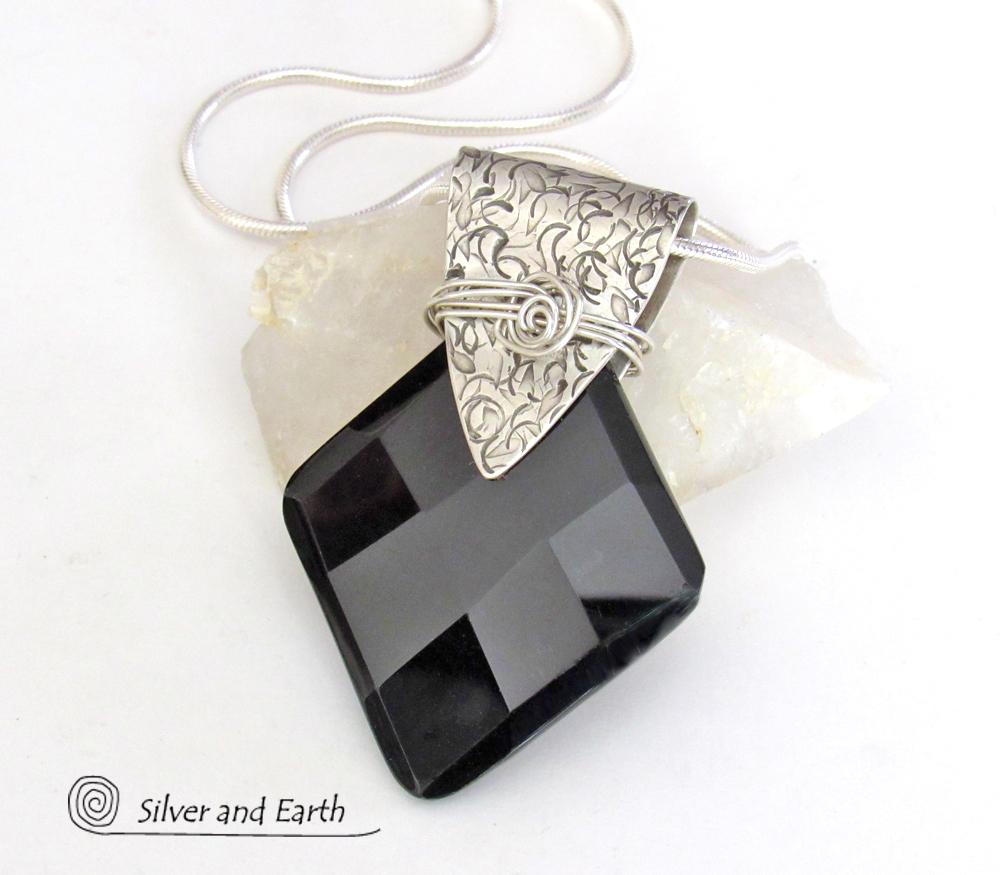Sterling Silver Pendant Necklace with Faceted Black Onyx Gemstone