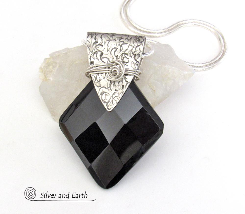 Sterling Silver Pendant Necklace with Faceted Black Onyx Gemstone