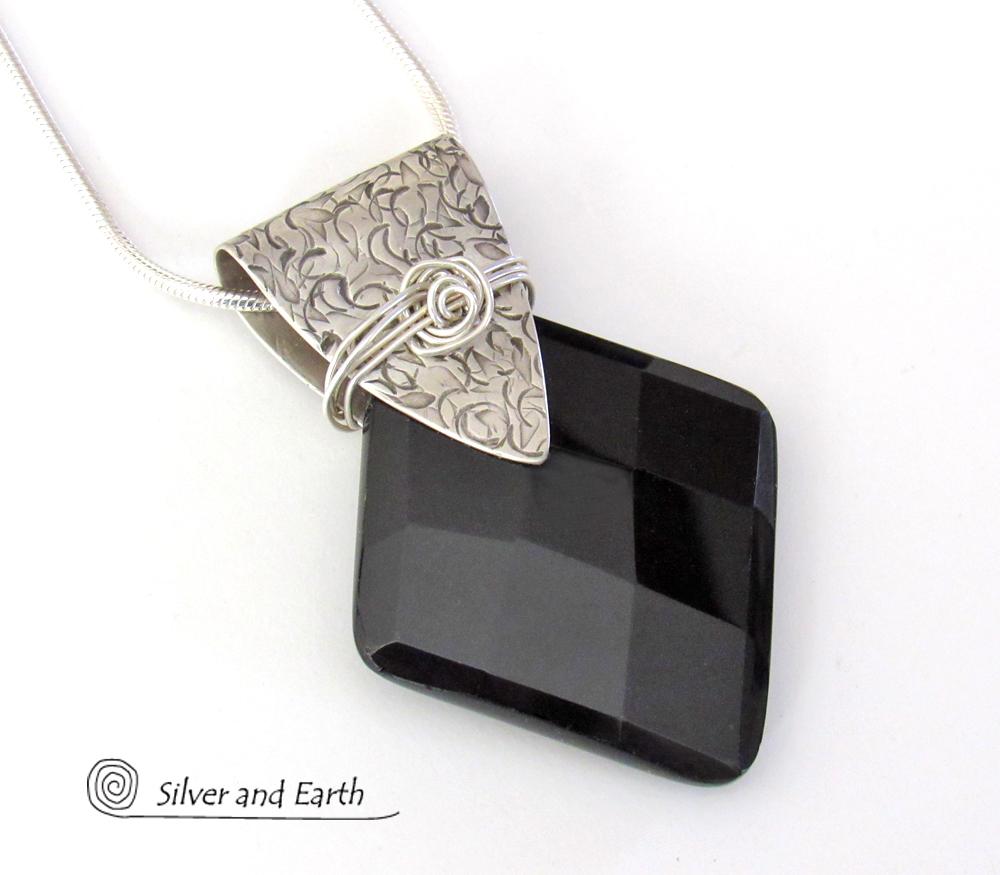 Sterling Silver Pendant Necklace with Faceted Black Onyx Gemstone