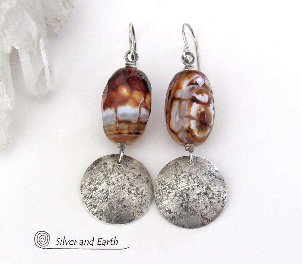 Faceted Black & White Agate Gemstone Earrings with Round Textured Sterling Silver Dangles