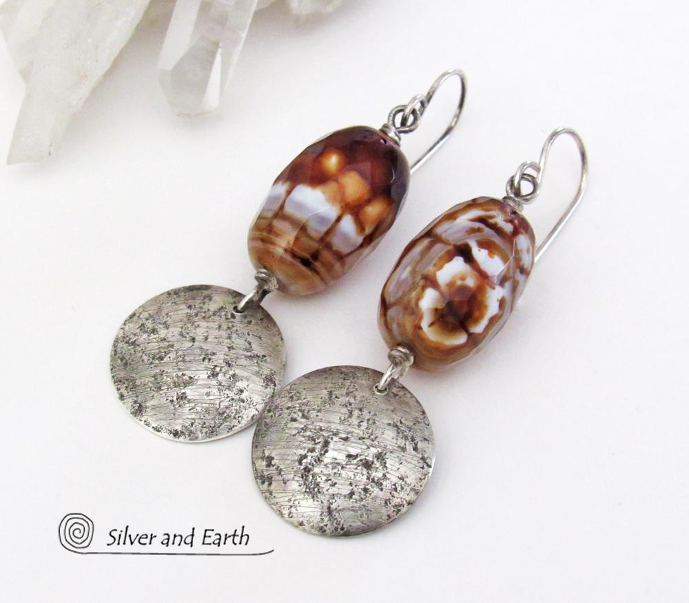 Faceted Black & White Agate Gemstone Earrings with Round Textured Sterling Silver Dangles