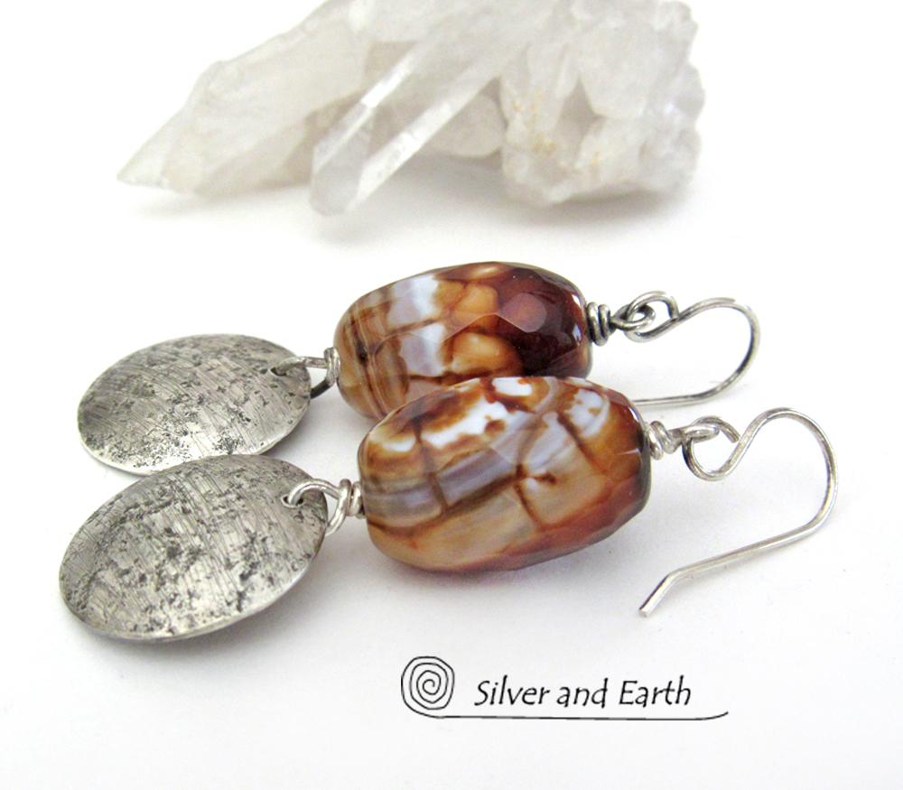 Faceted Black & White Agate Gemstone Earrings with Round Textured Sterling Silver Dangles
