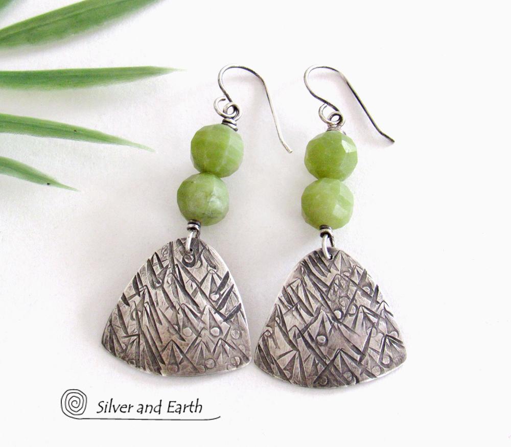 Textured Sterling Silver Earrings with Green Serpentine Faceted Gemstones - Artisan Handcrafted Earthy Modern Jewelry