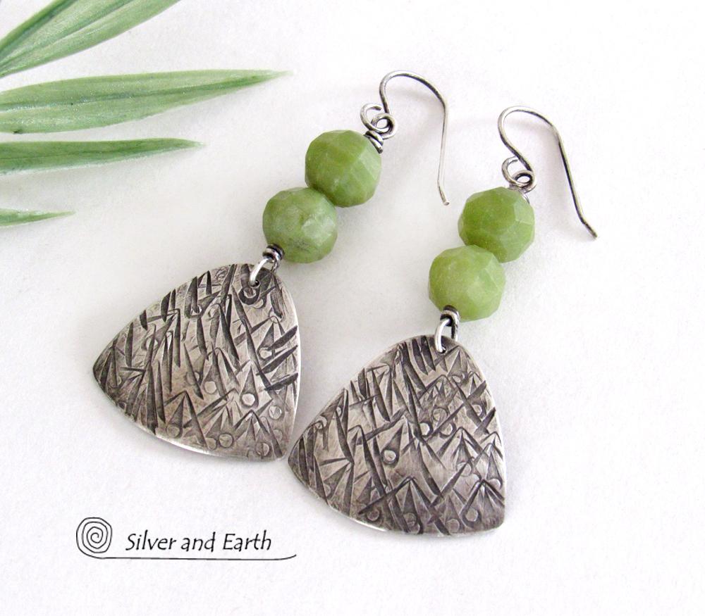 Textured Sterling Silver Earrings with Green Serpentine Faceted Gemstones - Artisan Handcrafted Earthy Modern Jewelry