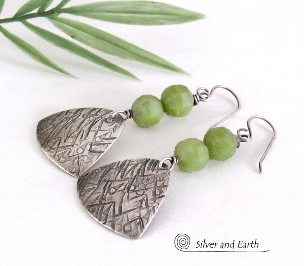 Textured Sterling Silver Earrings with Green Serpentine Faceted Gemstones - Artisan Handcrafted Earthy Modern Jewelry