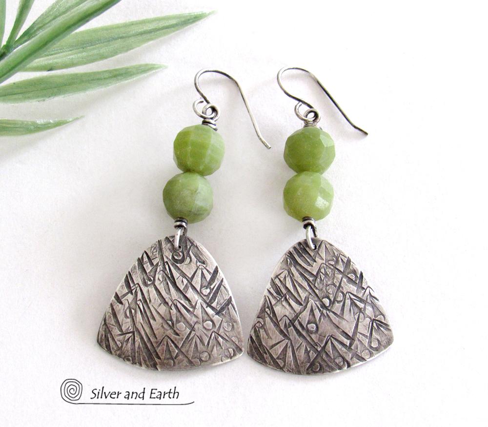 Textured Sterling Silver Earrings with Green Serpentine Faceted Gemstones - Artisan Handcrafted Earthy Modern Jewelry