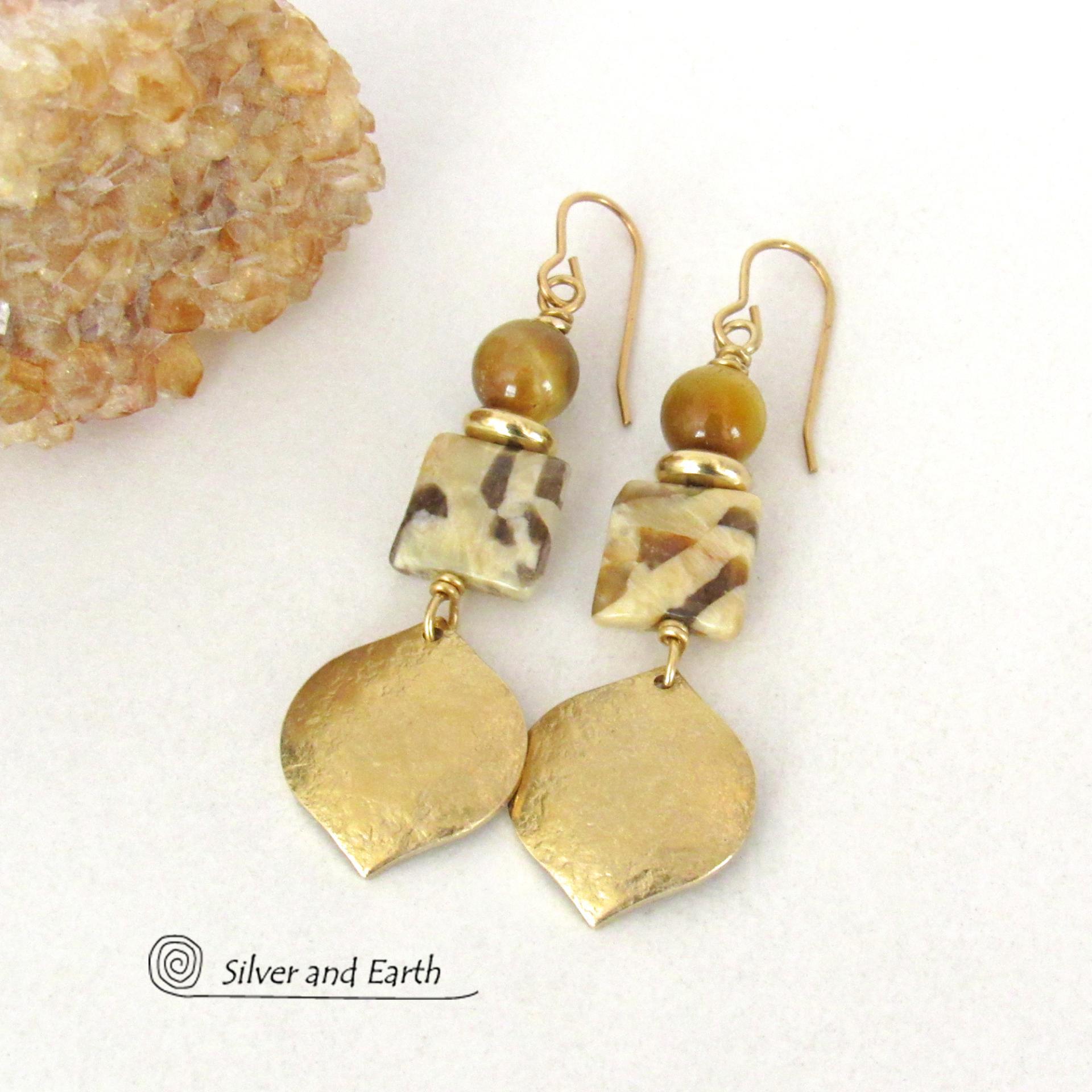 Shiny Gold Brass Dangle Earrings with Graphic Feldspar and Golden Tiger's Eye Gemstones
