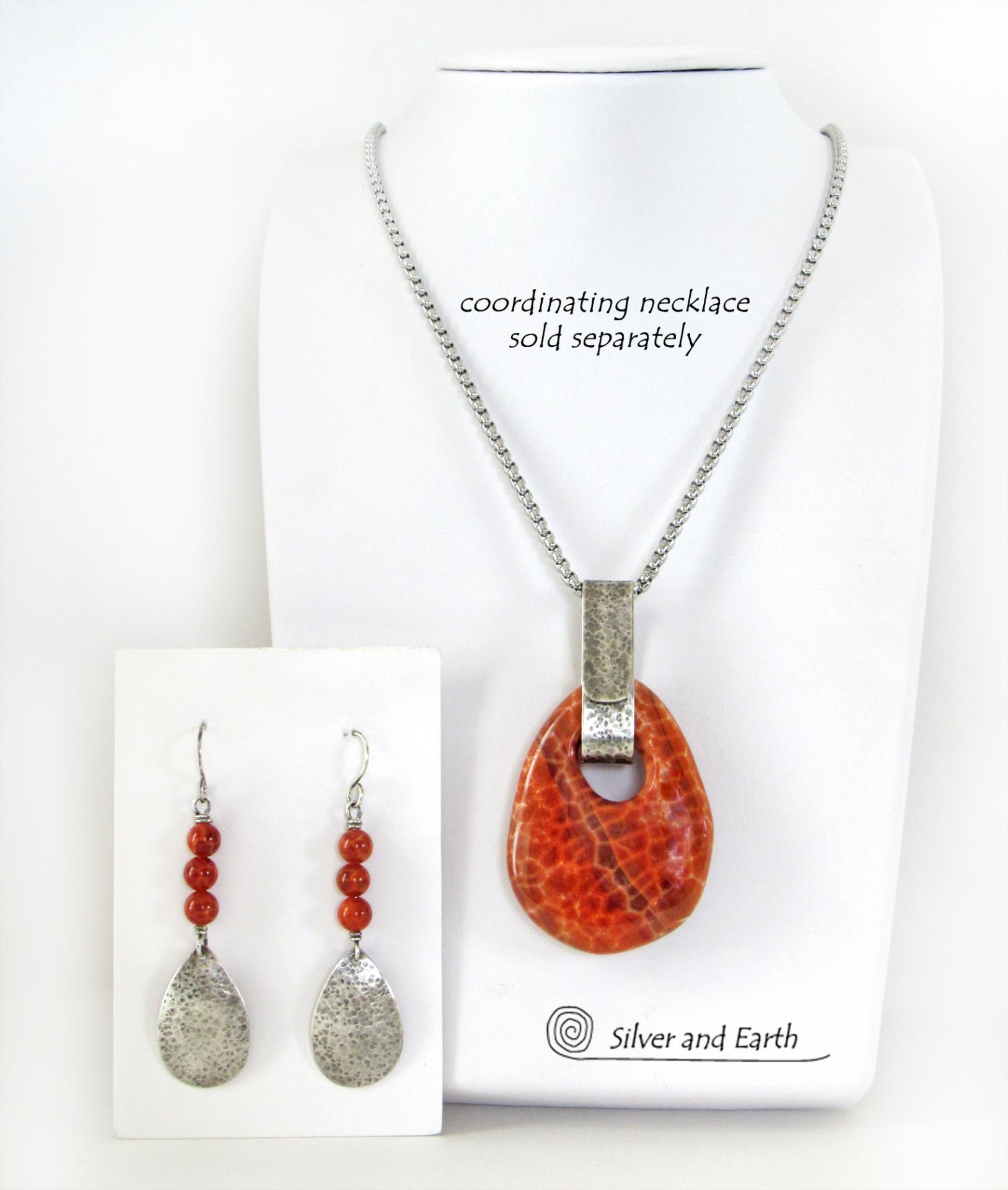 Hammered Sterling Silver Teardrop Earrings with Orange Fire Agate Gemstones