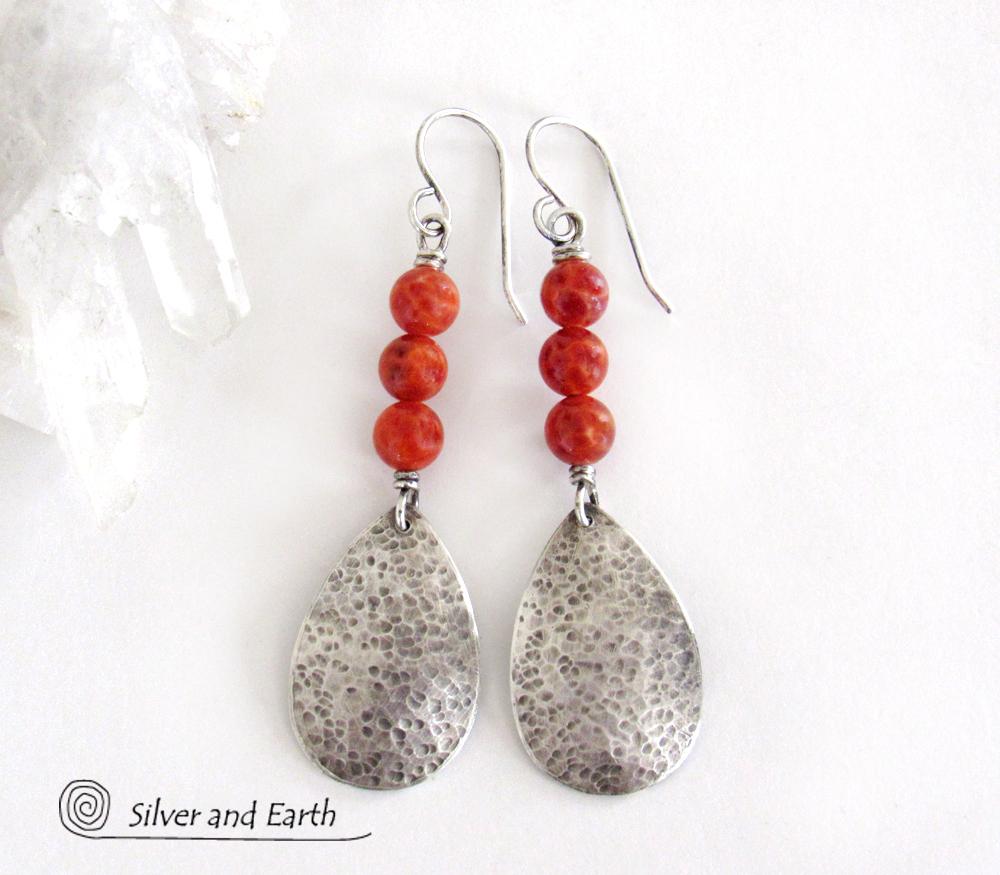 Hammered Sterling Silver Teardrop Earrings with Orange Fire Agate Gemstones