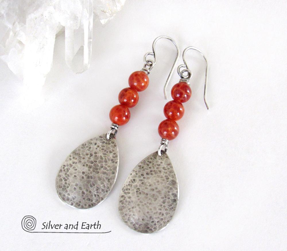 Hammered Sterling Silver Teardrop Earrings with Orange Fire Agate Gemstones