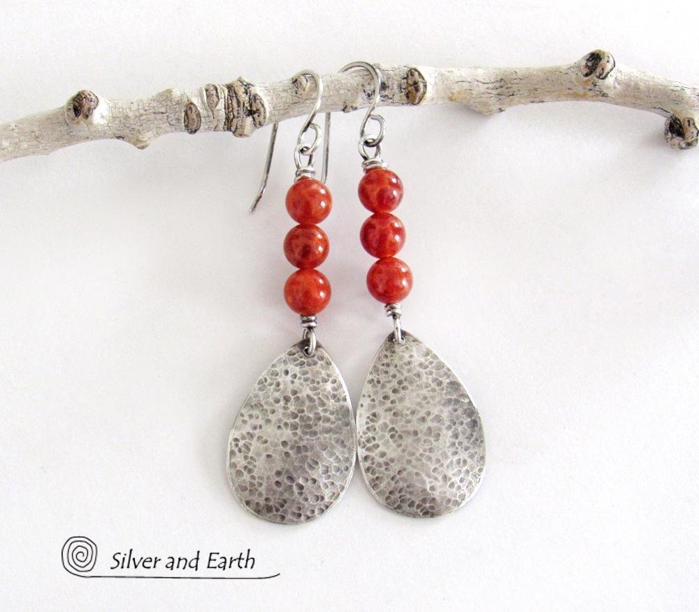 Hammered Sterling Silver Teardrop Earrings with Orange Fire Agate Gemstones