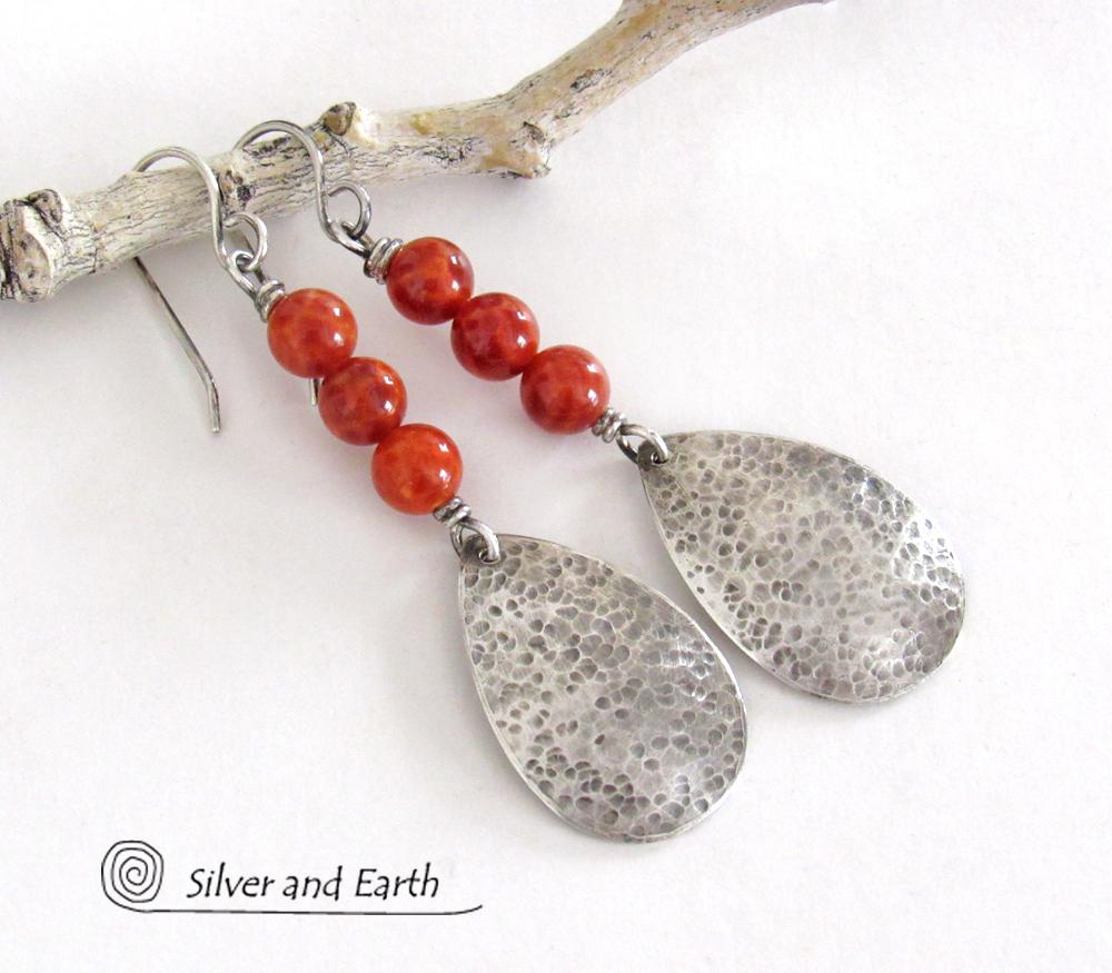 Hammered Sterling Silver Teardrop Earrings with Orange Fire Agate Gemstones