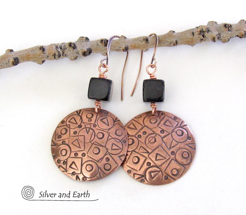 Hand Stamped Copper Earrings with Mod Abstract Texture & Black Jasper Stones - Unique Artsy Handmade Metalwork Jewelry