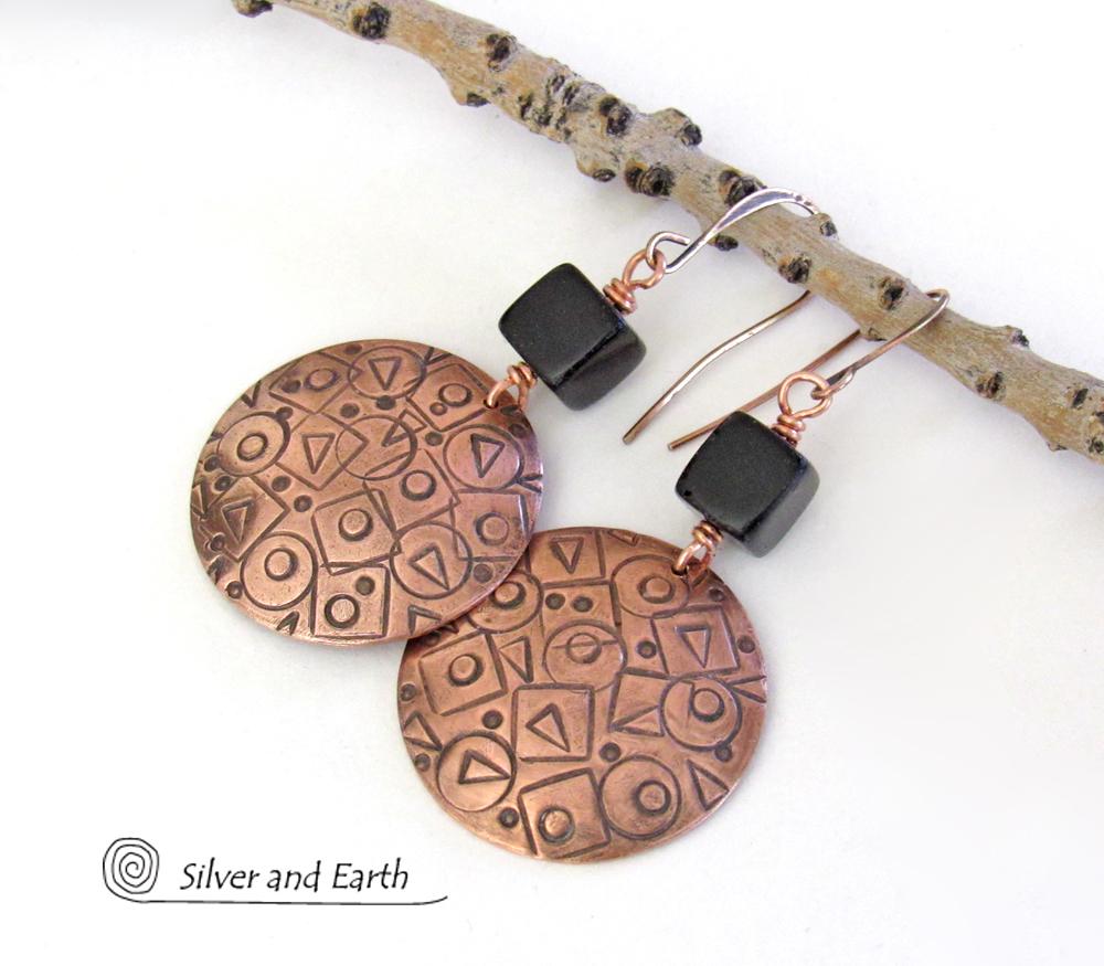 Hand Stamped Copper Earrings with Mod Abstract Texture & Black Jasper Stones - Unique Artsy Handmade Metalwork Jewelry