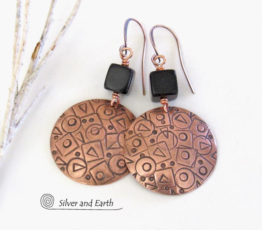 Hand Stamped Copper Earrings with Mod Abstract Texture & Black Jasper Stones - Unique Artsy Handmade Metalwork Jewelry
