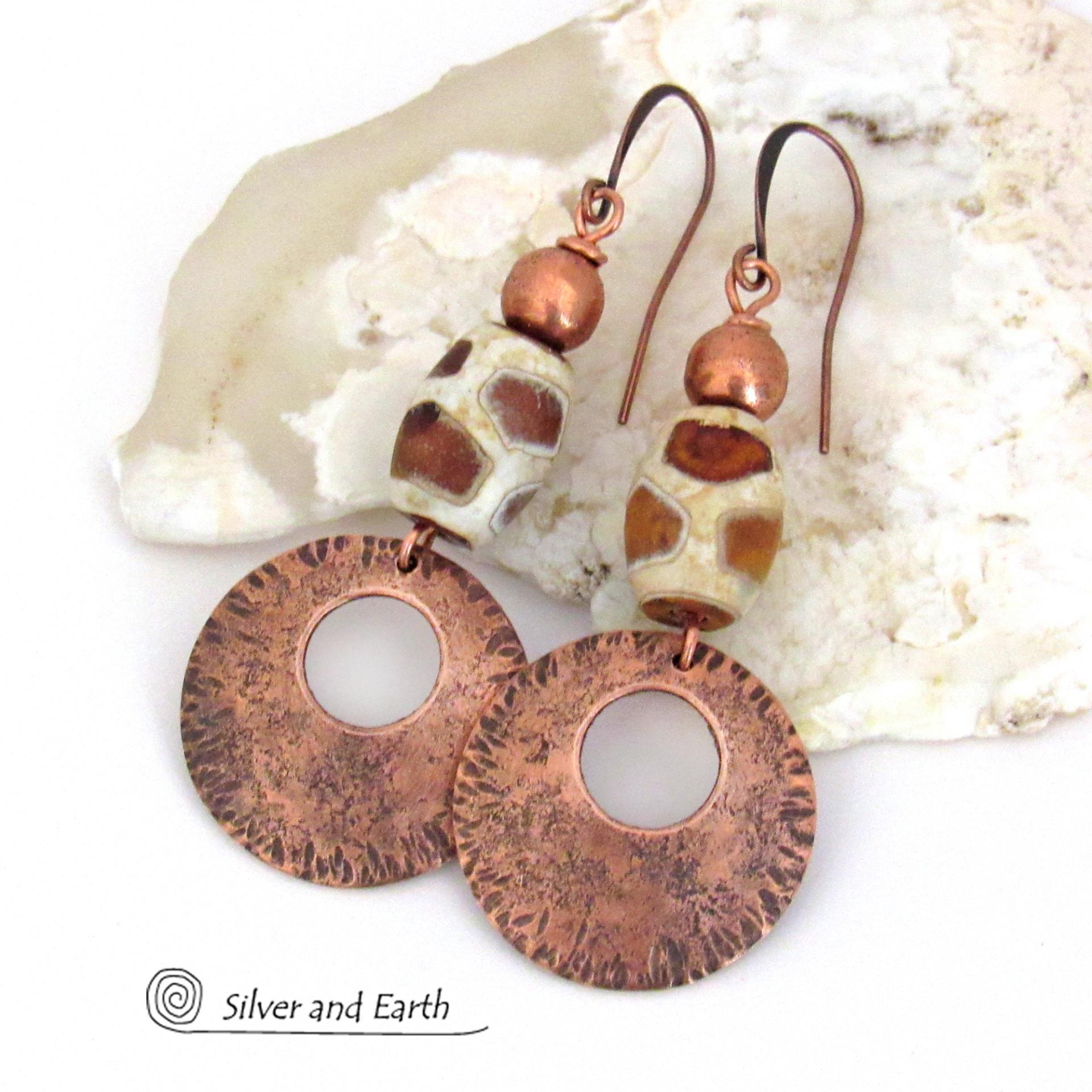 Bold Copper Earrings with Etched African Agate Giraffe Print Beads - Exotic Ethnic Tribal Jewelry