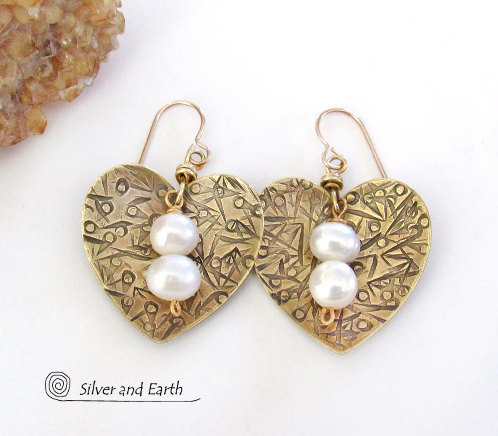 Gold Brass Heart Earrings with White Pearls - Anniversary Gifts for Women