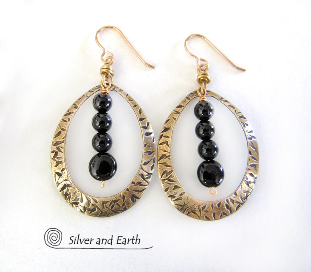 Gold Brass Hoop Earrings with Black Onyx Stones - Chic Trendy Jewelry