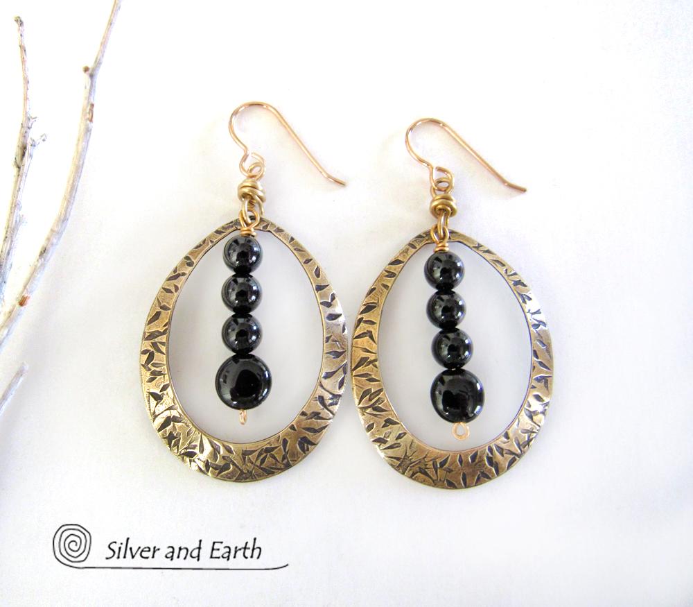 Gold Brass Hoop Earrings with Black Onyx Stones - Chic Trendy Jewelry