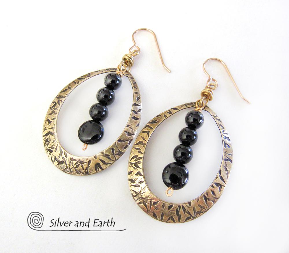 Gold Brass Hoop Earrings with Black Onyx Stones - Chic Trendy Jewelry