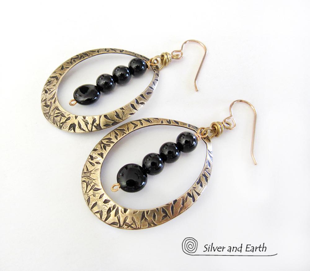 Gold Brass Hoop Earrings with Black Onyx Stones - Chic Trendy Jewelry