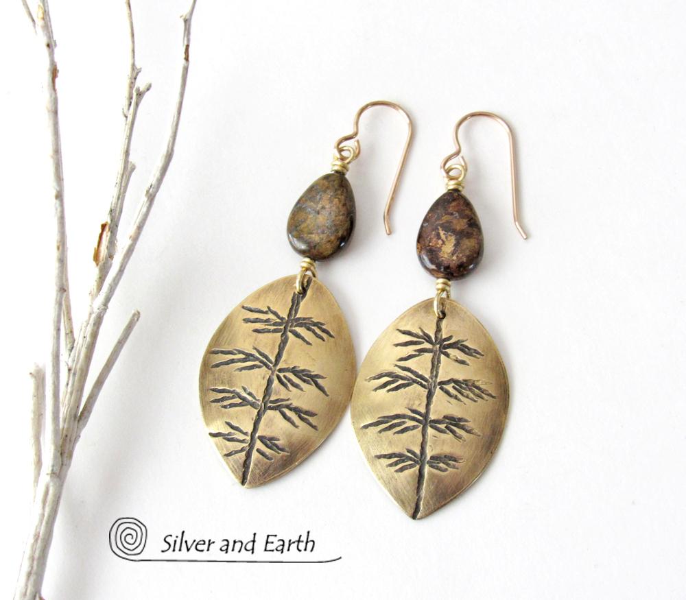 Gold Brass Leaf Earrings with Brown Bronzite Gemstones - Modern Earthy Nature Jewelry Gifts for Women