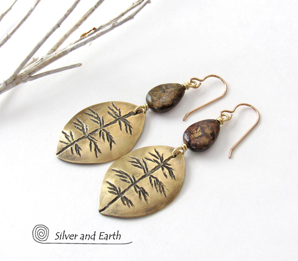 Gold Brass Leaf Earrings with Brown Bronzite Gemstones - Modern Earthy Nature Jewelry Gifts for Women