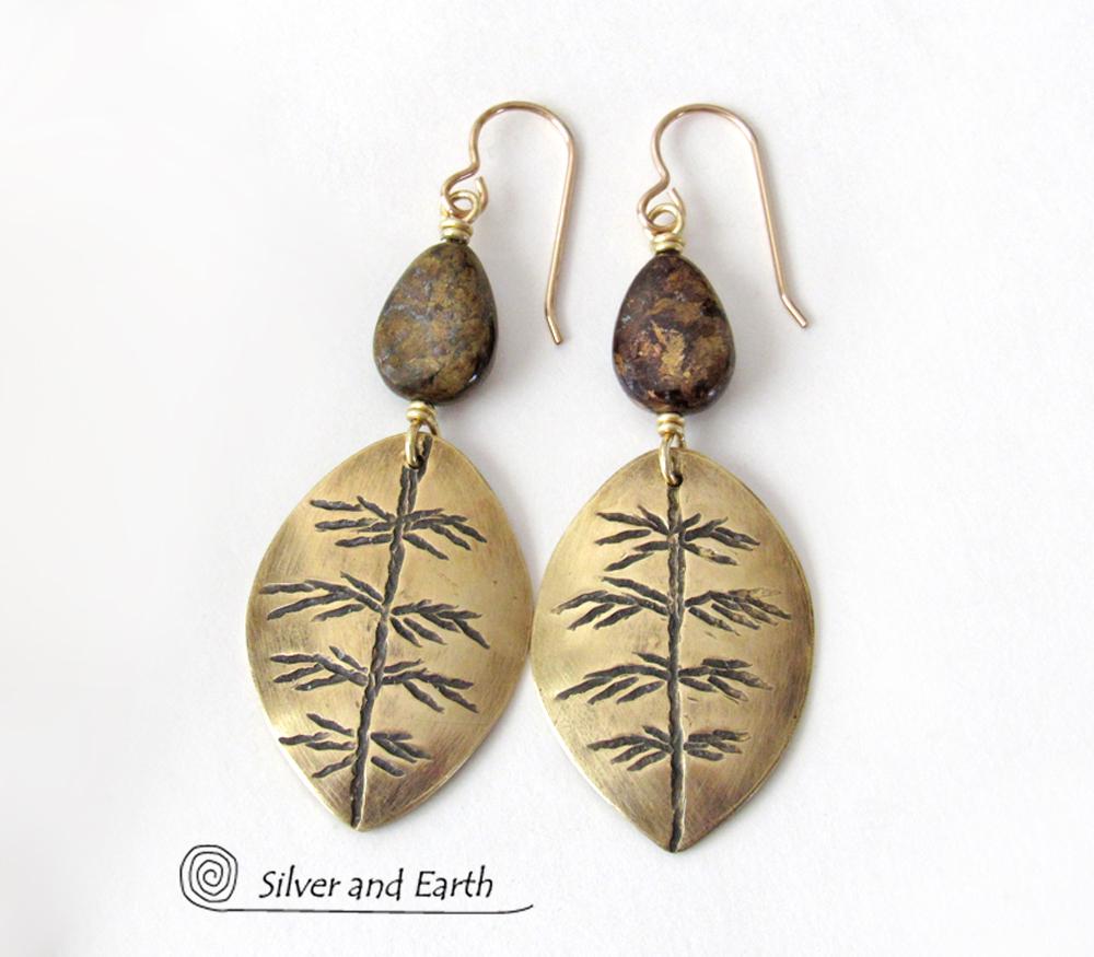 Gold Brass Leaf Earrings with Brown Bronzite Gemstones - Modern Earthy Nature Jewelry Gifts for Women