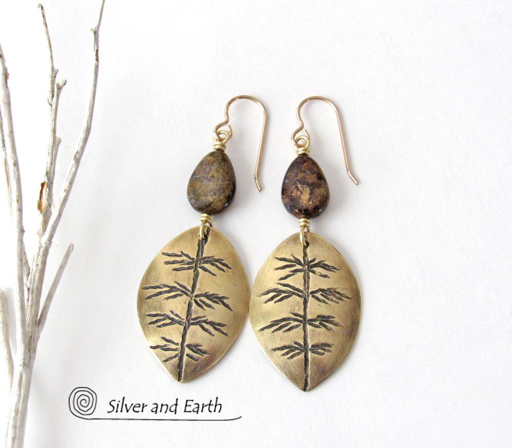 Gold Brass Leaf Earrings with Brown Bronzite Gemstones - Modern Earthy Nature Jewelry Gifts for Women