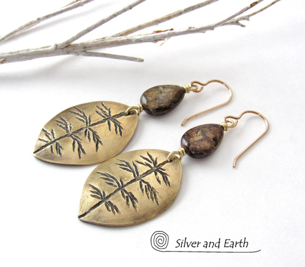 Gold Brass Leaf Earrings with Brown Bronzite Gemstones - Modern Earthy Nature Jewelry Gifts for Women